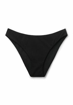 Black women’s bikini bottom with a simple design and high-cut leg openings on a white background.
