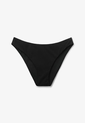 Sort bikiniunderdel til kvinder med enkelt design og høje benåbninger mod hvid baggrund.