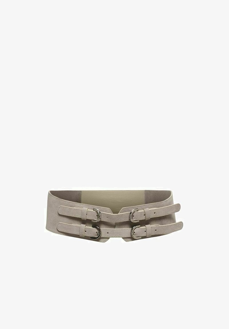 Ceinture large en daim beige avec deux sangles doubles réglables et boucles argentées, conçue pour cintrer la taille.