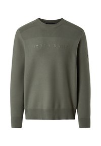 Felpa verde oliva con colletto a costine, polsini e orlo. La parte anteriore presenta il testo in rilievo "NORTH SAILS" in un design sottile e tonale.