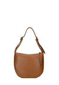 Borsa a tracolla in pelle marrone con forma curva, texture liscia e una sola tracolla regolabile. Presenta una cerniera e un elemento con logo.