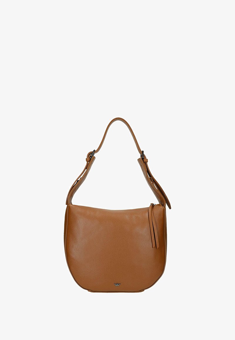 Borsa a tracolla in pelle marrone con forma curva, texture liscia e una sola tracolla regolabile. Presenta una cerniera e un elemento con logo.