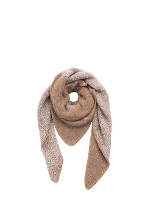 Brown and beige knitted triangular scarf folded with ends hanging down on a white background.