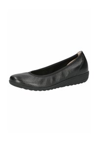 Black leather ballet flat with a rounded toe, textured surface, cushioned insole, and a low rubber sole for comfort and support.