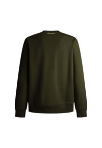 Donkergroene sweatshirt met een ronde hals, ribgebreide manchetten en onderkant. "PEPE JEANS" logo in het wit op de bovenrug. Zacht textielmateriaal.