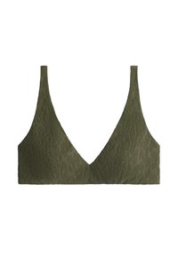 Olivgrünes texturiertes Bralette mit dünnen Trägern und tiefem V-Ausschnitt, mit einem dezenten Leopardenmuster.