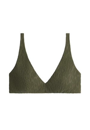 Texturirani olive zeleni bralette s tankim naramenicama i dubokim V-izrezom, s suptilnim uzorkom leoparda.