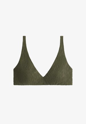 Olivgrünes texturiertes Bralette mit dünnen Trägern und tiefem V-Ausschnitt, mit einem dezenten Leopardenmuster.