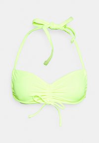 Top de bikini verde neon com laços ajustáveis, tecido franzido e uma textura suave. Apresenta um design bandeau e alças de ombro.