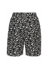Sorte og hvide mønstrede shorts lavet af stof med elastisk talje, der har et tropisk bladdesign og løs pasform.
