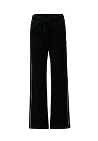 Pantalons larges noirs avec taille élastique, cordon de serrage, poches latérales et un fin passepoil blanc le long des coutures extérieures.