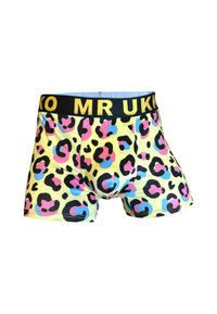 Herrenboxershorts mit Leopardendruck in Gelb, Pink, Blau und Schwarz sowie einem schwarzen Taillenbund mit auffälligem gelbem "MR UKKO"-Schriftzug.