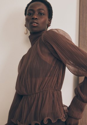 Brown pleated blouse with sheer sleeves, high collar, and ruffled hem detail. Features a cinched waist and subtle texture.