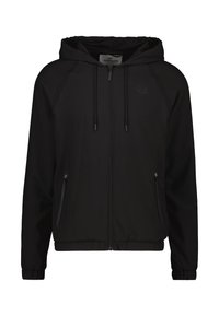 Veste à capuche noire en tissu lisse. Dotée d'une fermeture éclair à l'avant, de deux poches latérales et de poignets élastiques. Logo discret sur la poitrine.