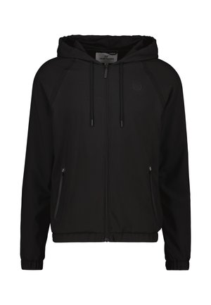 Schwarze Kapuzenjacke aus glattem Stoff. Verfügt über einen Reißverschluss vorne, zwei Seitentaschen und elastische Bündchen. Dezentes Logo auf der Brust.
