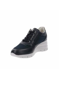 Blue and black sneaker with mesh and leather materials, round toe, lace-up design, and a thick white sole. Features silver eyelets.