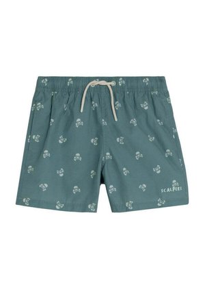 Pantalones cortos de baño color verde azulado con estampado blanco de calaveras y huesos cruzados, cintura elástica, cordón crema y logo "Scalpers" en la pierna izquierda.
