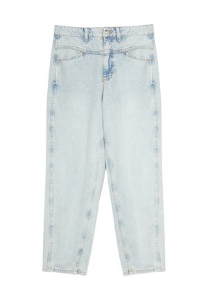 Jeans in denim azzurro chiaro a vita alta con bottone e zip frontali, tasche laterali e frontali e cuciture visibili.