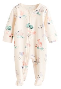 Pijama para bebé color crema con cremallera frontal, con estampado de animales del bosque en tonos pastel de rosa, verde y azul. Mangas largas, diseño con pie.