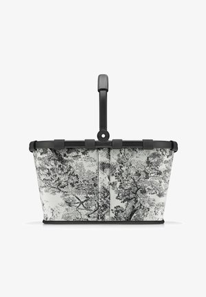Zwart-wit patroon mand met een stevige handgreep, gemaakt van stof en plastic, met een bloemenontwerp en een rechthoekige vorm.