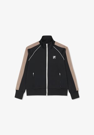 Schwarze Sportjacke mit Reißverschluss, beigen gerippten Schulterstreifen, weißer Paspelierung, Reißverschlusstaschen und kleinem weißen Logo auf der Brust.