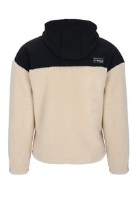 Beige Fleece-Hoodie mit schwarzem Oberteil. Verfügt über eine Kängurutasche und ein Etikett auf der Rückseite. Weicher Stoff, entspannte Passform.