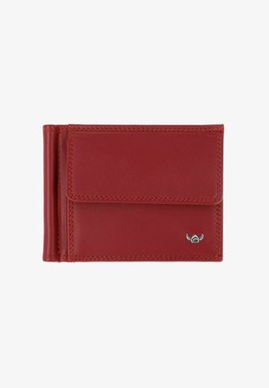 Portefeuille en cuir rouge avec fermeture à rabat et petit logo métallique argenté en bas à droite, photographié sur fond blanc.
