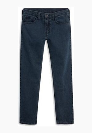 Jeans de ganga azul-escuro com corte de perna reta, apresentando dois bolsos frontais, fecho de botão e detalhes de costura minimalistas.