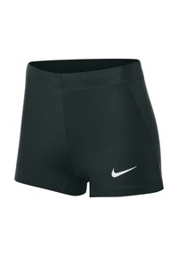 Shorts sportivi neri realizzati in tessuto elasticizzato, con una texture liscia e un logo Nike bianco sul lato sinistro in basso.