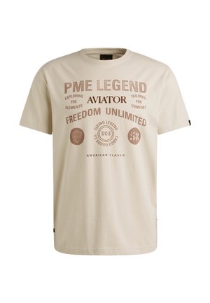 Beige cotton t-shirt featuring graphic text in brown, with a round neck and short sleeves. Accents include logos and circular designs.
