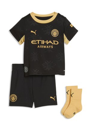 Schwarz-goldenes Manchester City Kinderfußballset mit Trikot, Shorts und goldenen Socken mit Puma- und Etihad Airways-Logos.