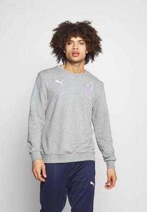 Grijze katoenen sweatshirt met ribgebreide mouwen en zoom. Bevat het witte Puma-logo op de borst en een kleurrijk grafisch ontwerp aan de linkerkant.