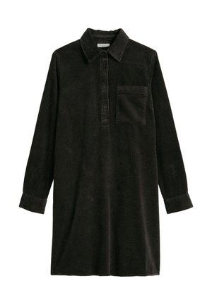 Schwarzes Cord-Hemdkleid mit langen Ärmeln, Kragen, Knopfleiste, Brusttasche und breiten Manschetten.