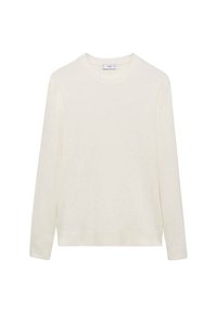 Cream-colored long-sleeve sweater with a ribbed texture, crew neckline, and slightly fitted silhouette. No visible patterns or embellishments.