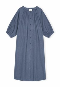 Abito camicia in denim blu scuro. Caratterizzato da maniche a palloncino lunghe fino ai gomiti, scollatura rotonda e chiusura frontale con bottoni. Texture morbida.