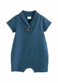 Korte mouw romper van donkerblauwe katoen, met een sjawl kraag, twee houten knopen en drukknoopsluiting aan de onderkant.