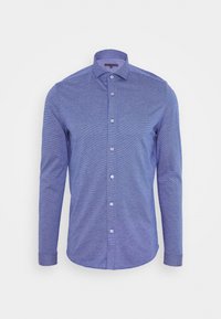 Blauwe button-up shirt met lange mouwen en een subtiel streepje, voorzien van een standaard kraag, frontknopen en manchetten.