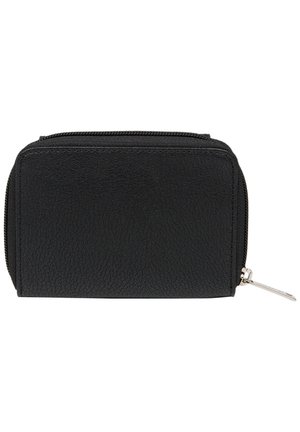 Portafoglio sintetico nero con texture, chiusura a zip, dotato di una linguetta argentata e design rettangolare compatto.