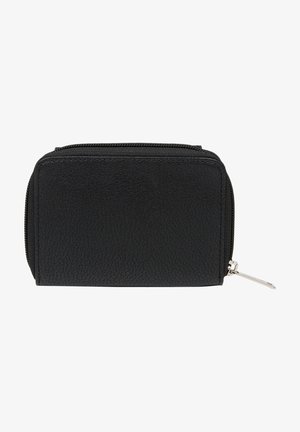 Portafoglio sintetico nero con texture, chiusura a zip, dotato di una linguetta argentata e design rettangolare compatto.