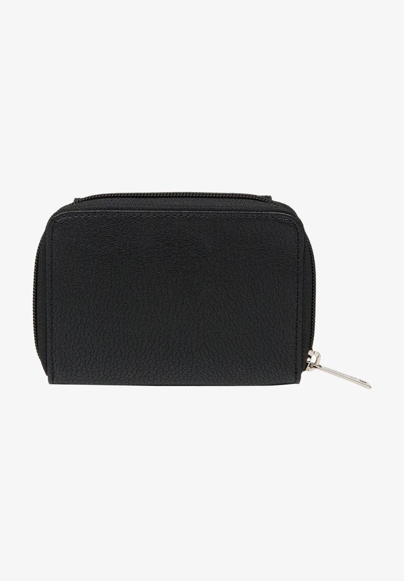 Portafoglio sintetico nero con texture, chiusura a zip, dotato di una linguetta argentata e design rettangolare compatto.