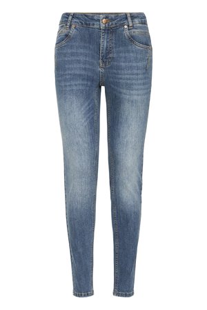 Jean en denim bleu coupe slim avec bouton frontal et style cinq poches, présentant des détails subtilement délavés sur les cuisses et les genoux.