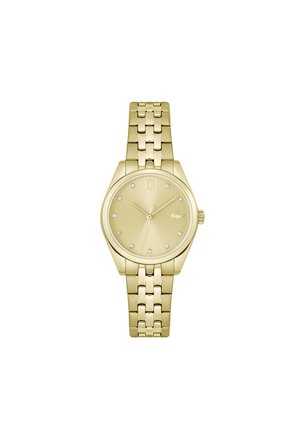 Montre en métal doré avec un boîtier rond, un cadran doré texturé, 12 accents en diamant et un bracelet poli composé de maillons.