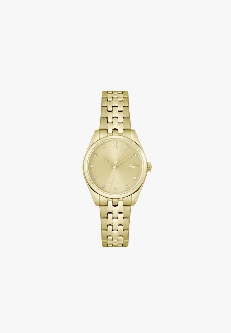 Ura zlatih kovin s okroglo ohišjem, teksturirano zlatno površino, 12 diamantskimi poudarki in poliranim pasom s povezavami.