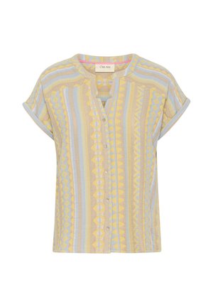 Short-sleeve button-up shirt in yellow, blue, and beige with a woven pattern, featuring a notch neckline and decorative buttons.