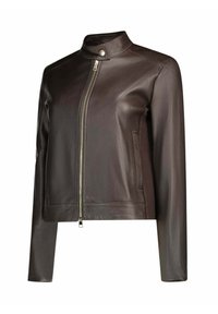 Giacca in pelle marrone scuro con zip frontale completa, colletto rialzato con bottone a pressione, maniche lunghe e tasche laterali.