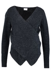 Pull en wrap gris foncé avec des manches longues, en maille texturée. Avec un ourlet diagonal et un col en V.