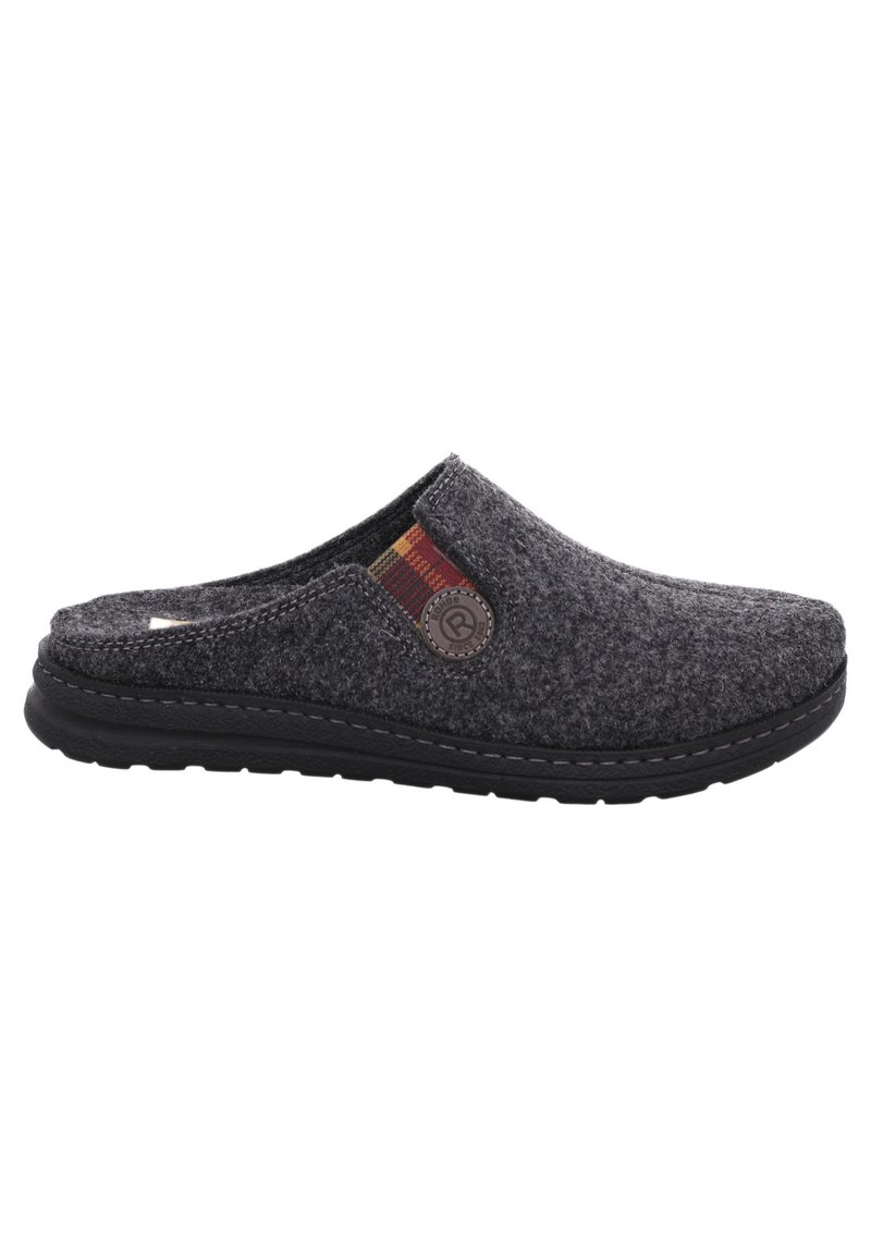 Graue Hausschuhe mit schwarzem Boden, im Schlupf-Design, mit einem mehrfarbigen gestreiften Akzent und einem runden Logo-Detail an der Seite.