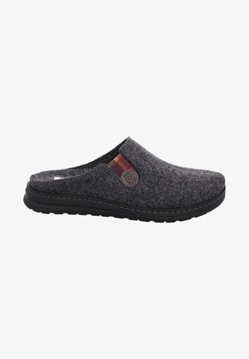 Graue Hausschuhe mit schwarzem Boden, im Schlupf-Design, mit einem mehrfarbigen gestreiften Akzent und einem runden Logo-Detail an der Seite.