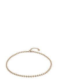 Collar metálico de tono dorado con cuentas esféricas distribuidas uniformemente, que presenta un cierre y una cadena ajustable para personalizar el tamaño. Textura suave.