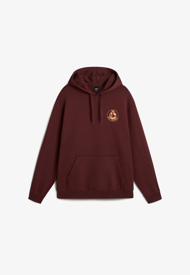 Sweat à capuche bordeaux avec poche kangourou et petit logo rond orange "Off The Wall" avec un skateboard sur le côté gauche de la poitrine.